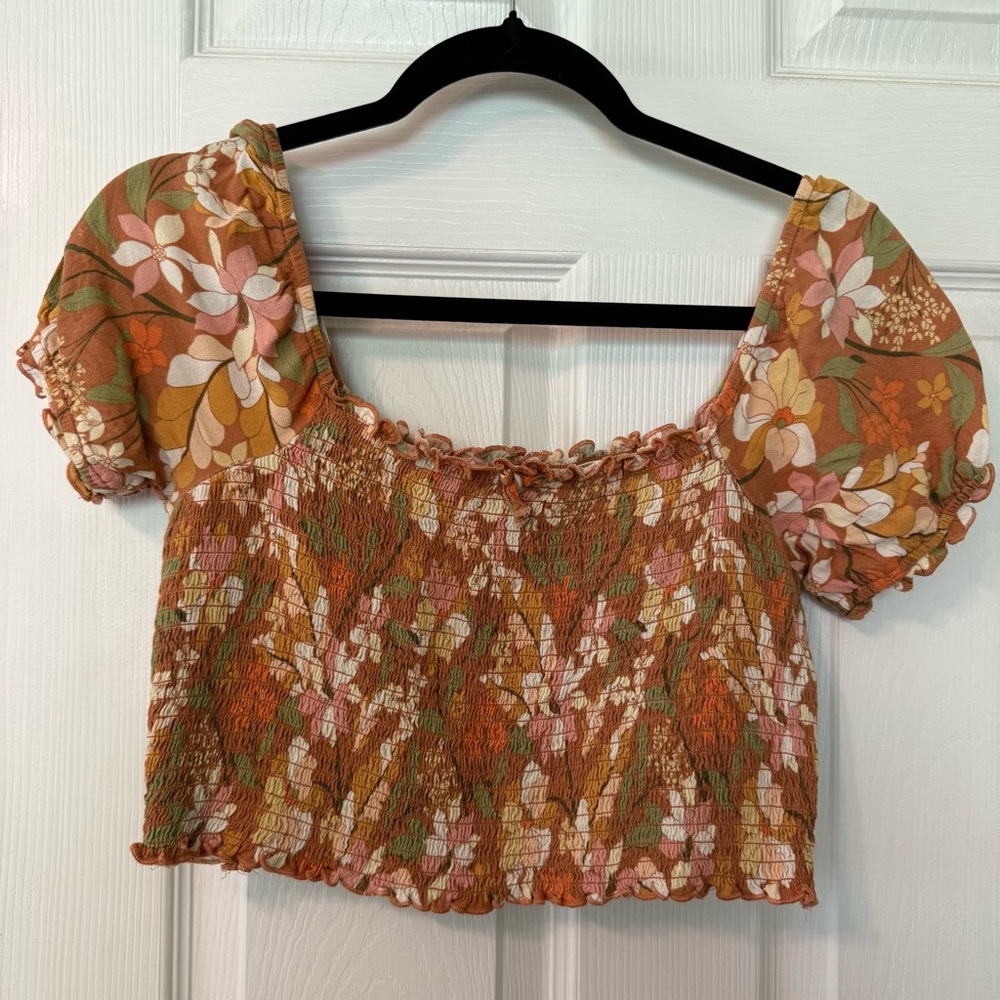 Aerie Floral Smocked Puff-Sleeve Crop Top women’s small